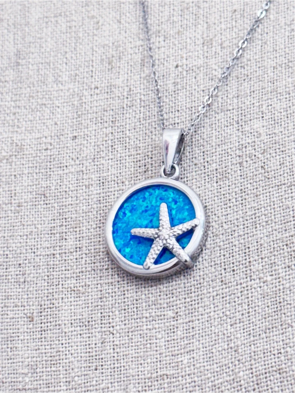 925 Lab Created Blue Opal Starfish Pendant Necklace NEW